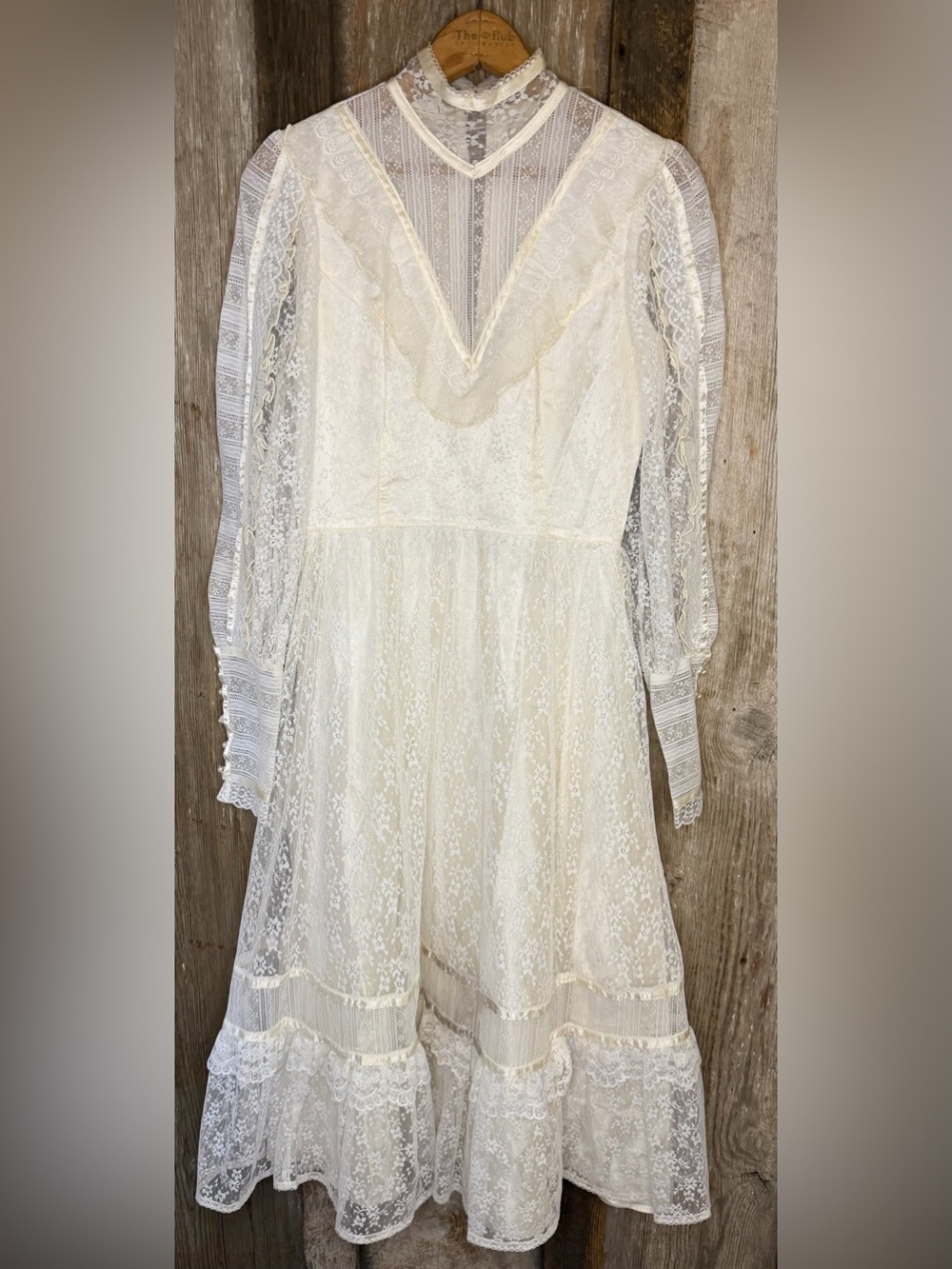 VTG 70s Gunne Sax By Jessica Ivory Cream Lace Wedding Dress Boho Victorian Sz 7